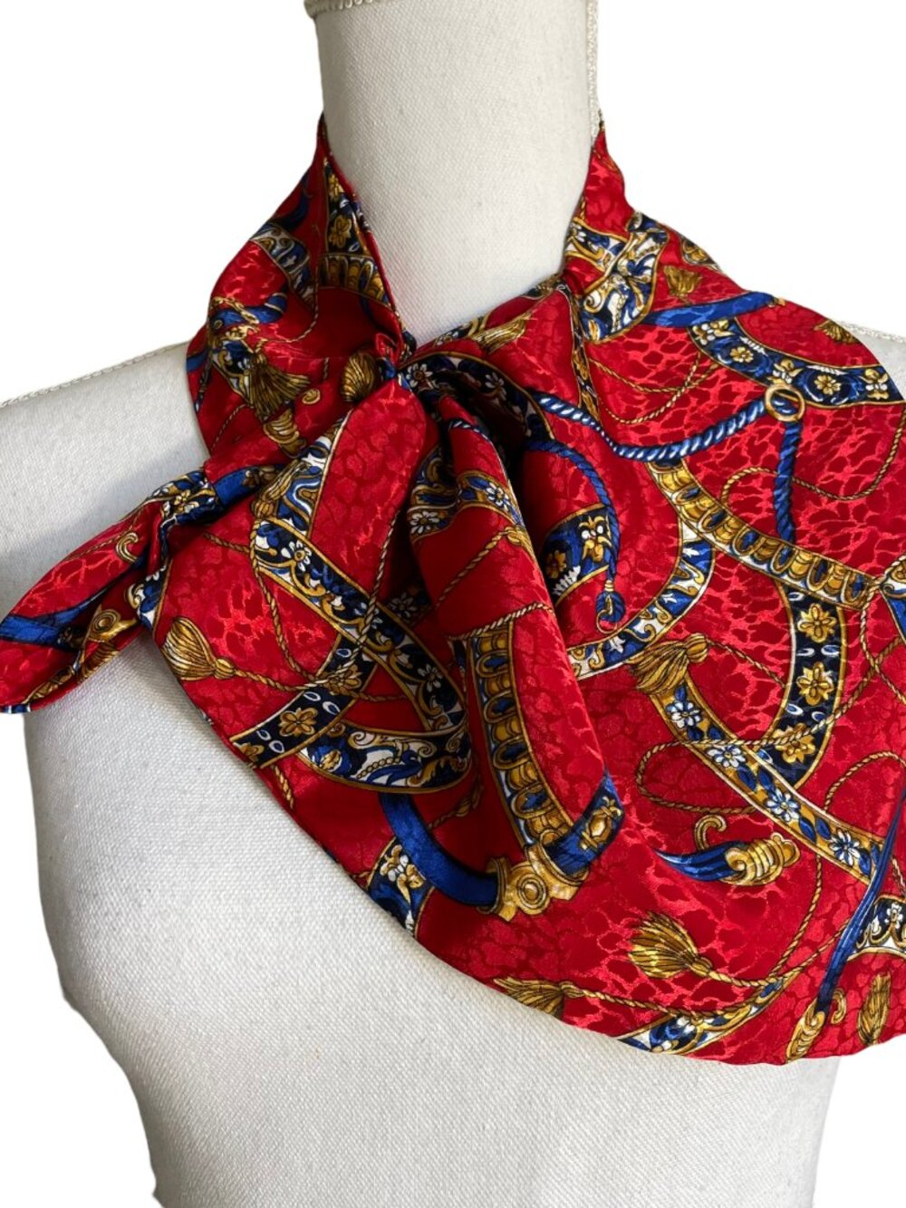 Satin Chain Print Ascot Bandana Scarf Baroque Silky Red Blue Gold VTG Neck Tie